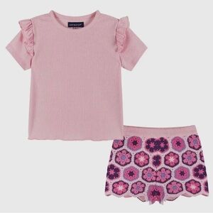 Andy & Evan Pink Ruffled Sleeve Top & Floral Crochet Shorts Set